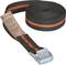 Black lashing strap with orange stripe, metal buckle and label. Ideal for securing loads.