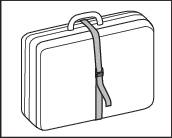 An illustration of a stylised briefcase with a central strap on a black background.