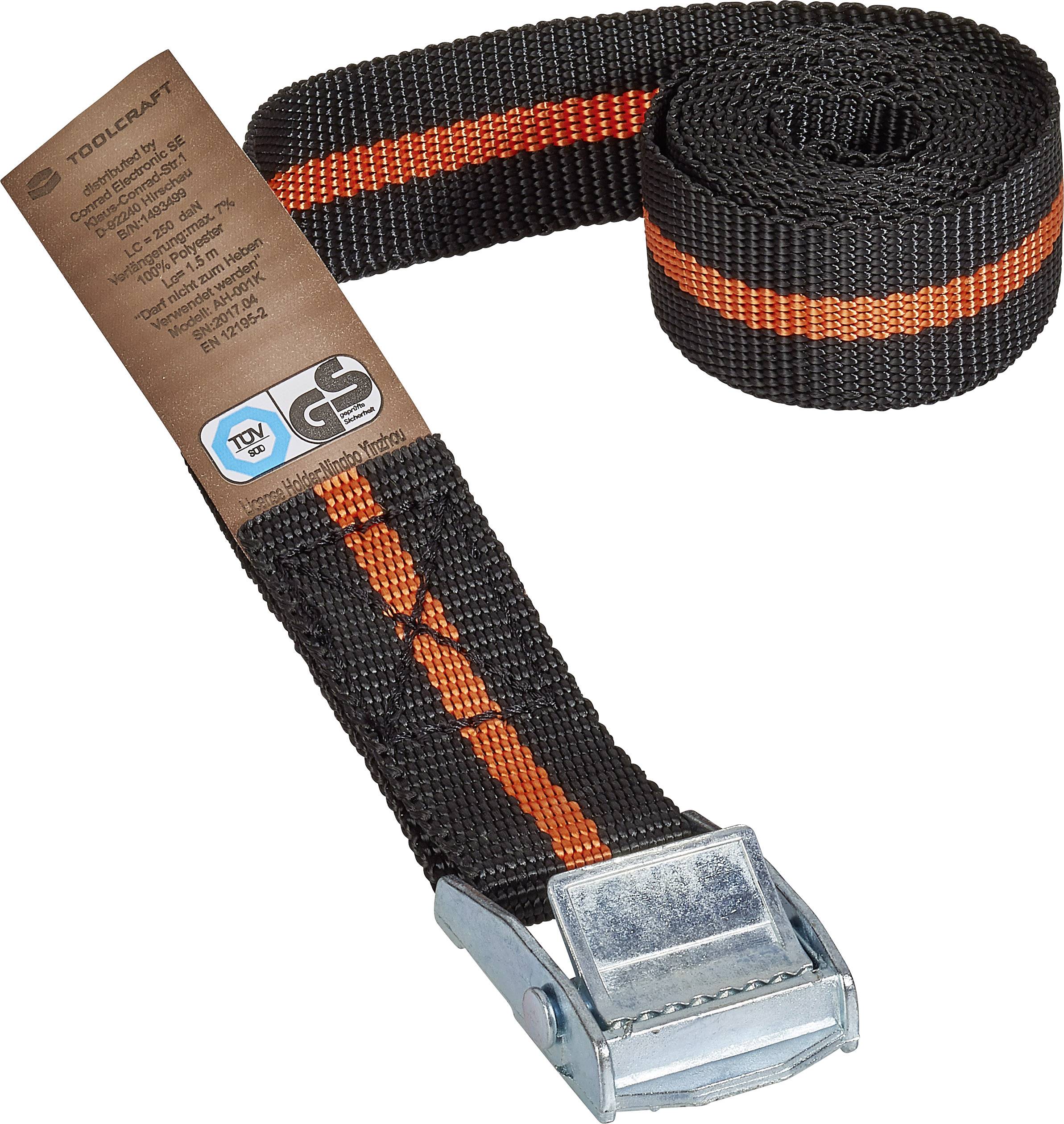 'Tool belt with buckle and TÜV seal, black with orange stripes, suitable for secure fastenings.'