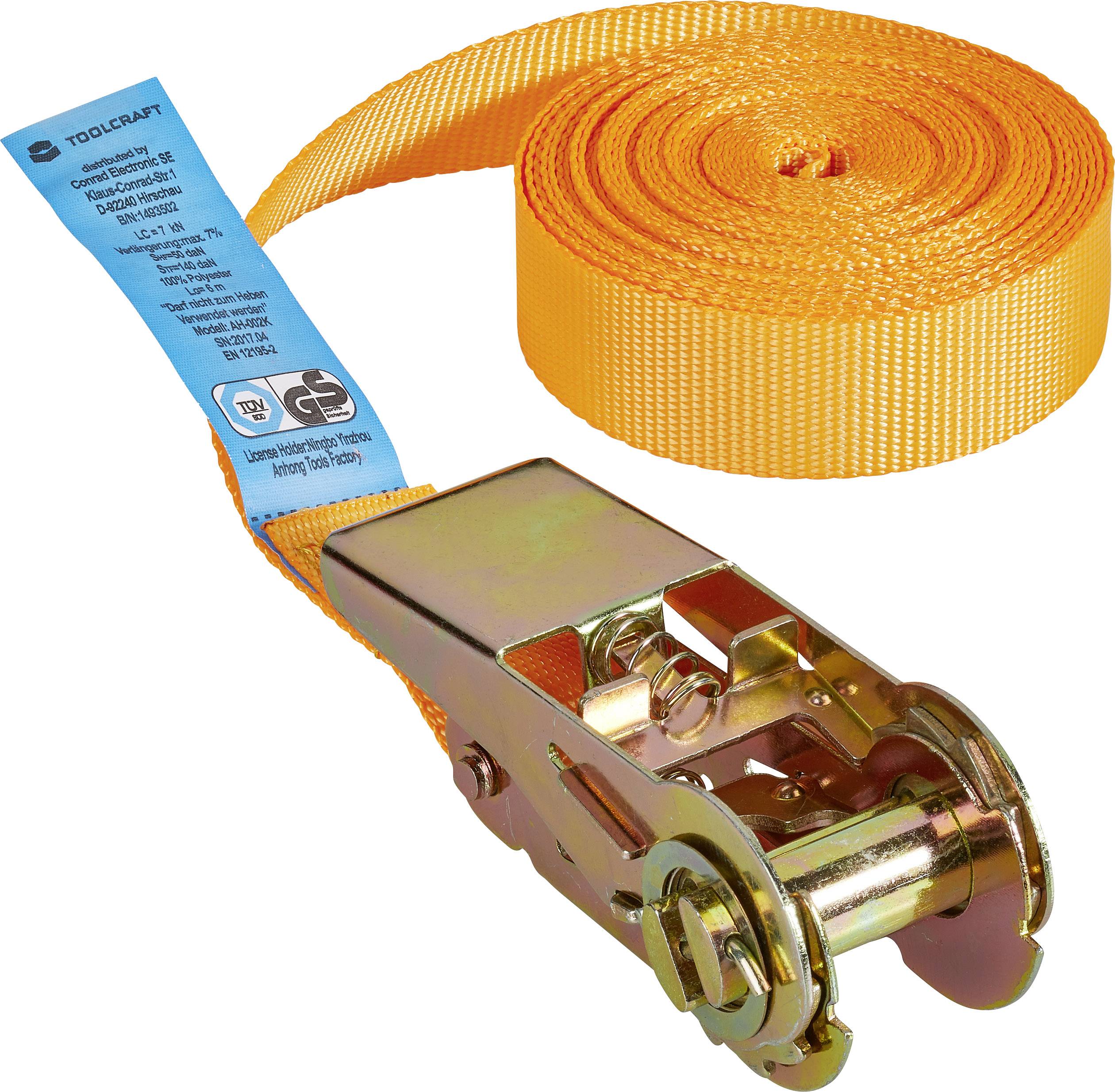An orange ratchet strap suitable for load securing. High-quality material, for loads up to 750 kg. User label visible.