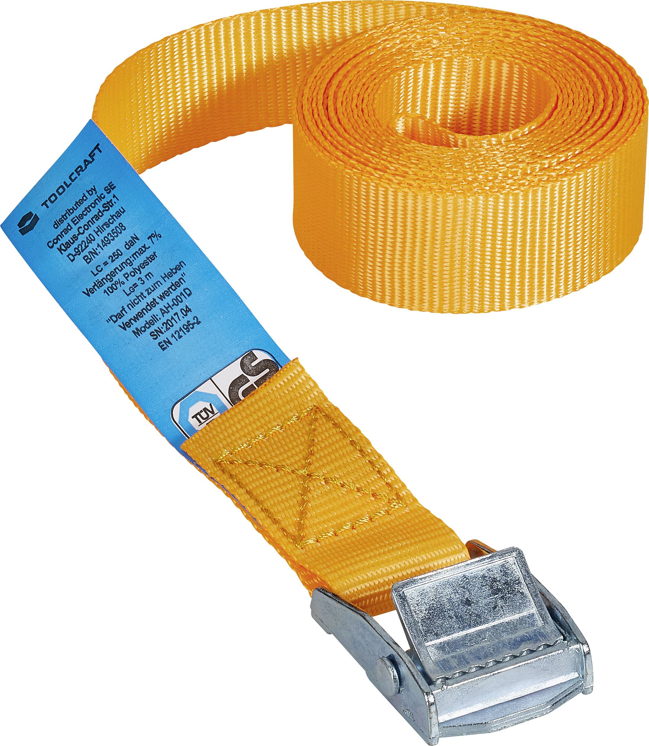 An orange lashing strap with a metal buckle and blue label displaying safety and product information. Suitable for securing loads.