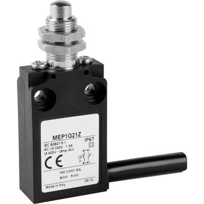 'MEP1G21Z' Push Button Switch, black, silver thread, IP67 protection class, 240V/1.5A, with cable connection. Manufactured in Italy.