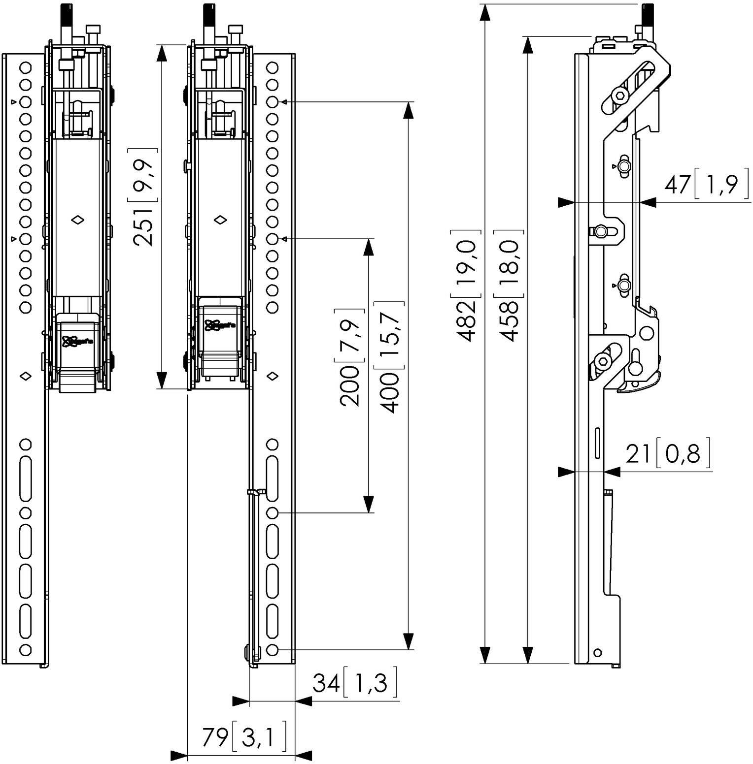 Technical drawing of two vertical metal frames with dimensions. Left: 251 mm high, 79 mm wide. Right: Similar, vertical bar with mounting elements.