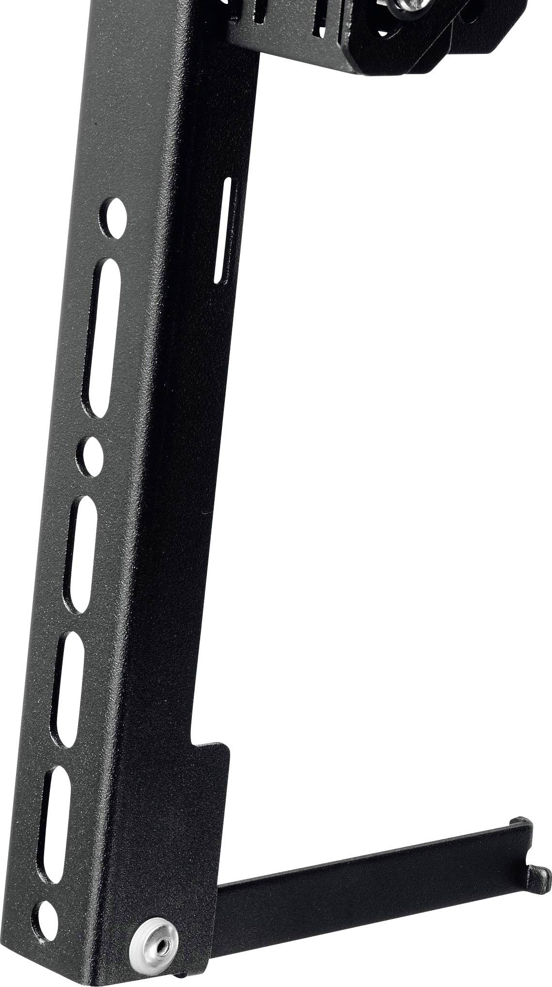 Black metal mounting bracket with multiple screw holes for fixing, likely used to support or stabilise devices or structures.