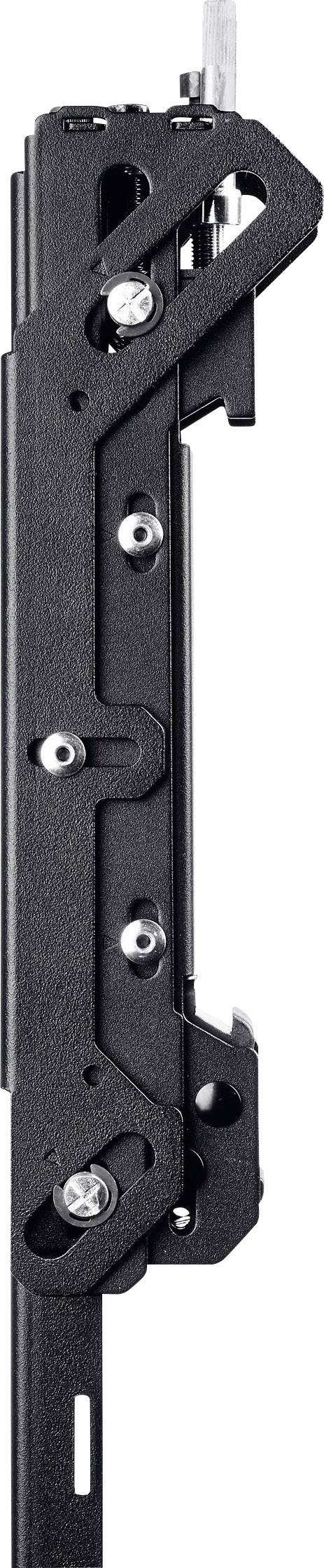 A black, elongated metal component with multiple screws and small mechanical parts.