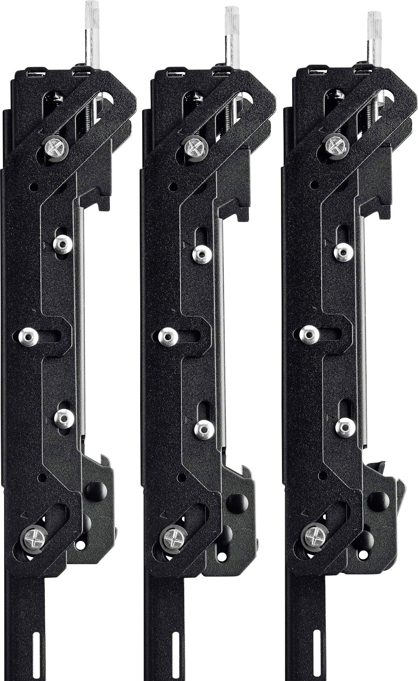 Three black HD rail mounting brackets, vertically aligned, display a symmetrical design with multiple screws and mounting points.