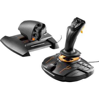 Two black, button-equipped controllers in an aircraft style, one with a joystick and one with a lever, both with cable connection.