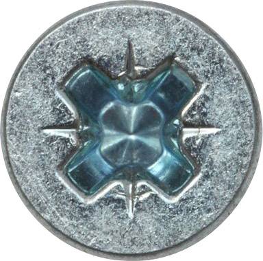 Close-up of a blue cross-head screw head with a silver rim.