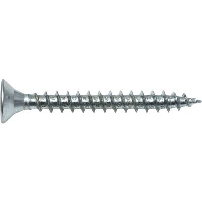 Metal screw with a flat head and sharp thread, positioned horizontally.