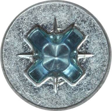 Close-up of a silver cross-head screw head with a blue insert highlighting the cross.