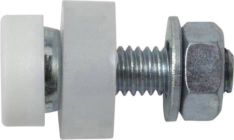 Metal screw with plastic rollers and hexagonal nut on white background.