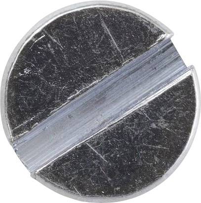 A round metal slotted screw head, captured in close-up, shows a central groove for a screwdriver.