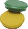 Two stacked discs in green and yellow, layered on top of each other, on a white background.