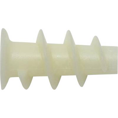 Close-up of an ivory-coloured plastic wall plug with spiral grooves, used for fixing into walls.