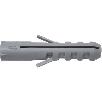 Grey plastic wall plug with multiple ribs to improve anchoring in walls, suitable for various types of fixings.