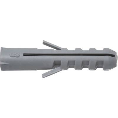 A grey plastic wall plug, commonly used for fixing items into walls, with ribbing for enhanced grip.