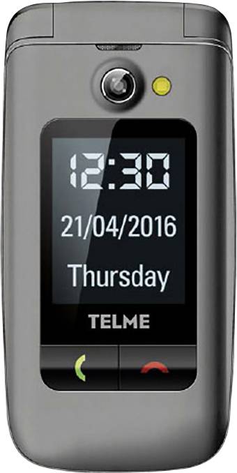 Mobile phone with large display showing date '21/04/2016', day of the week 'Thursday' and time '12:30'. Camera above the display.