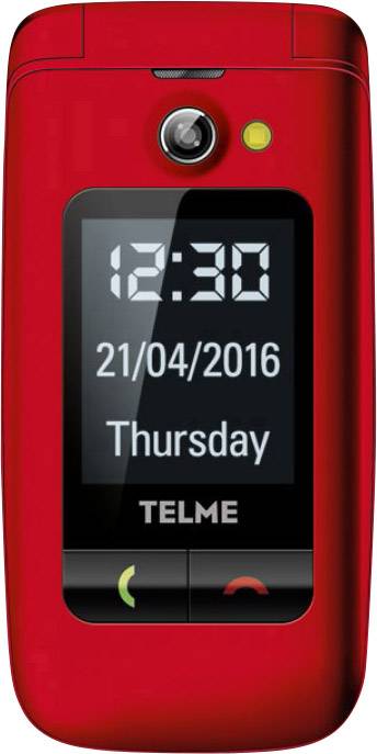 Red flip mobile phone with the time '12:30', date '21/04/2016' and day of the week 'Thursday' displayed on the screen, camera at the top.