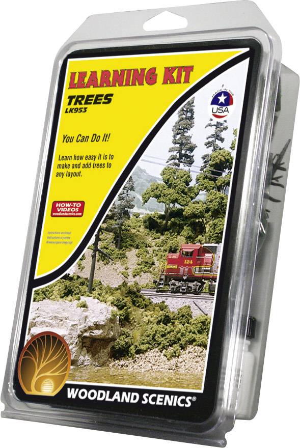 Packaging for a 'Trees' Learning Set by Woodland Scenics, featuring model trees and a landscape with a train, with instructions for tree-making.