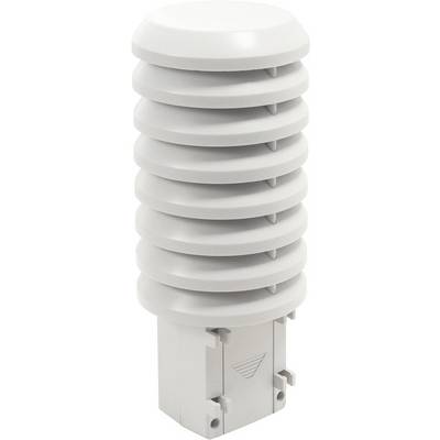 A white, cylindrical weather sensor with multiple horizontal louvres, designed for measuring temperature and humidity.