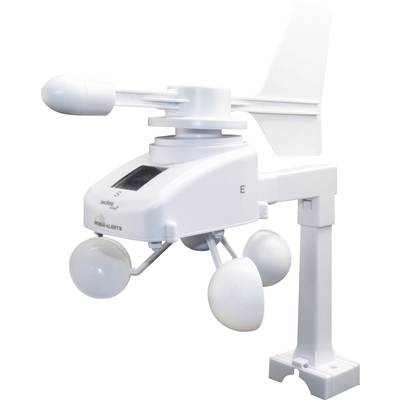 A white anemometer with three hemispherical cups for measuring wind speed and a wind direction indicator on top.