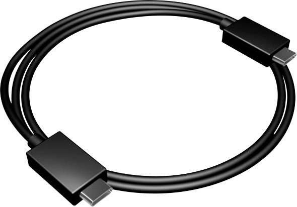 A black USB cable with two USB-C connectors at the ends, laid in a loop.