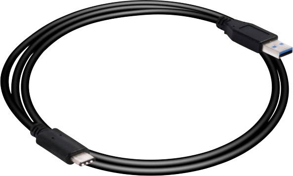 Black USB cable with USB-A and USB-C connectors, enables connection between devices.