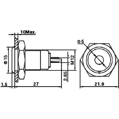 Technical drawing of a cylindrical connector with dimensions in millimetres, including diameter and length of components.