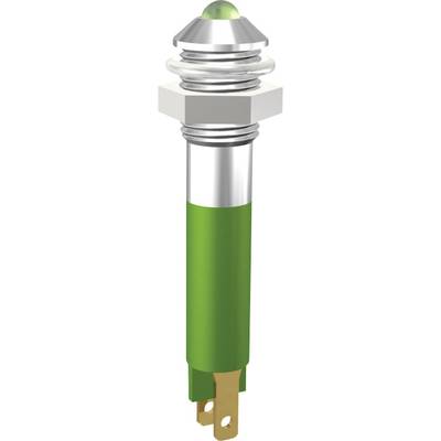 A green LED light in a metallic mount, viewed from the side, with visible connection point at the bottom.