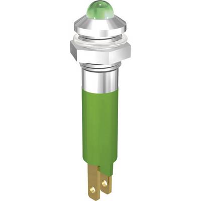 Green LED pilot indicator light with metallic housing and mounting element, suitable for industrial or technical applications.