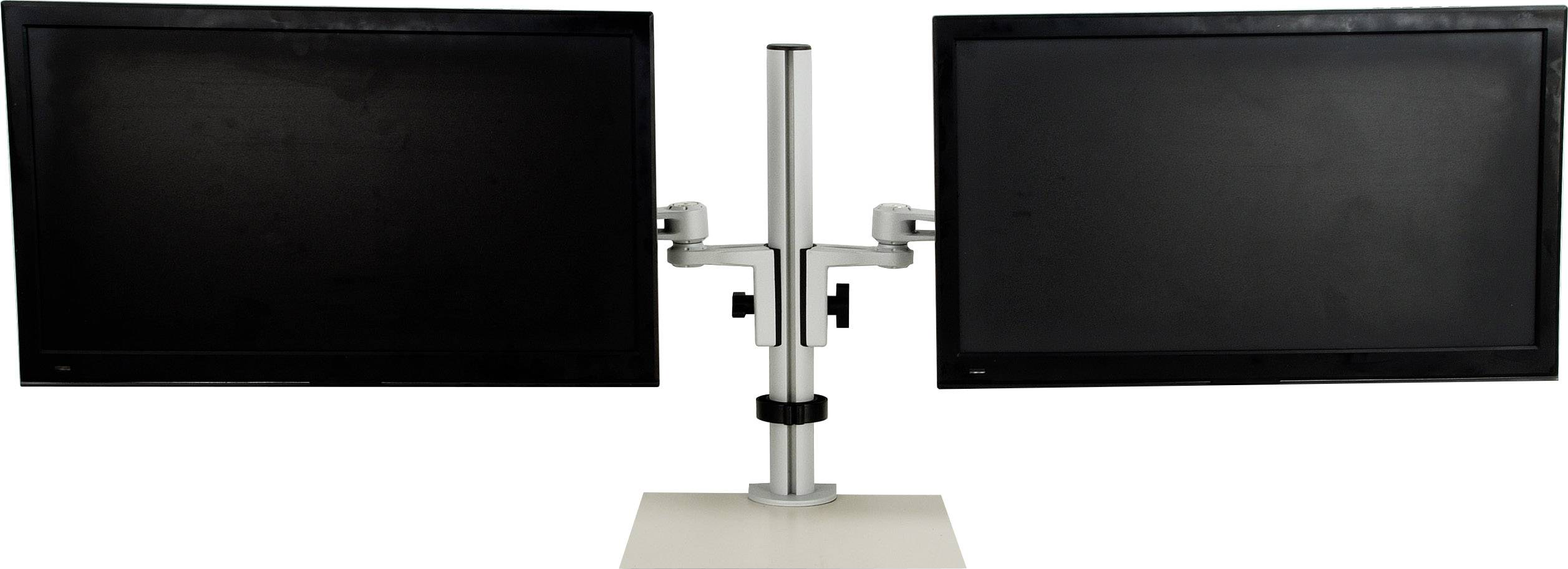 Two computer monitors mounted side by side on an adjustable dual monitor stand.