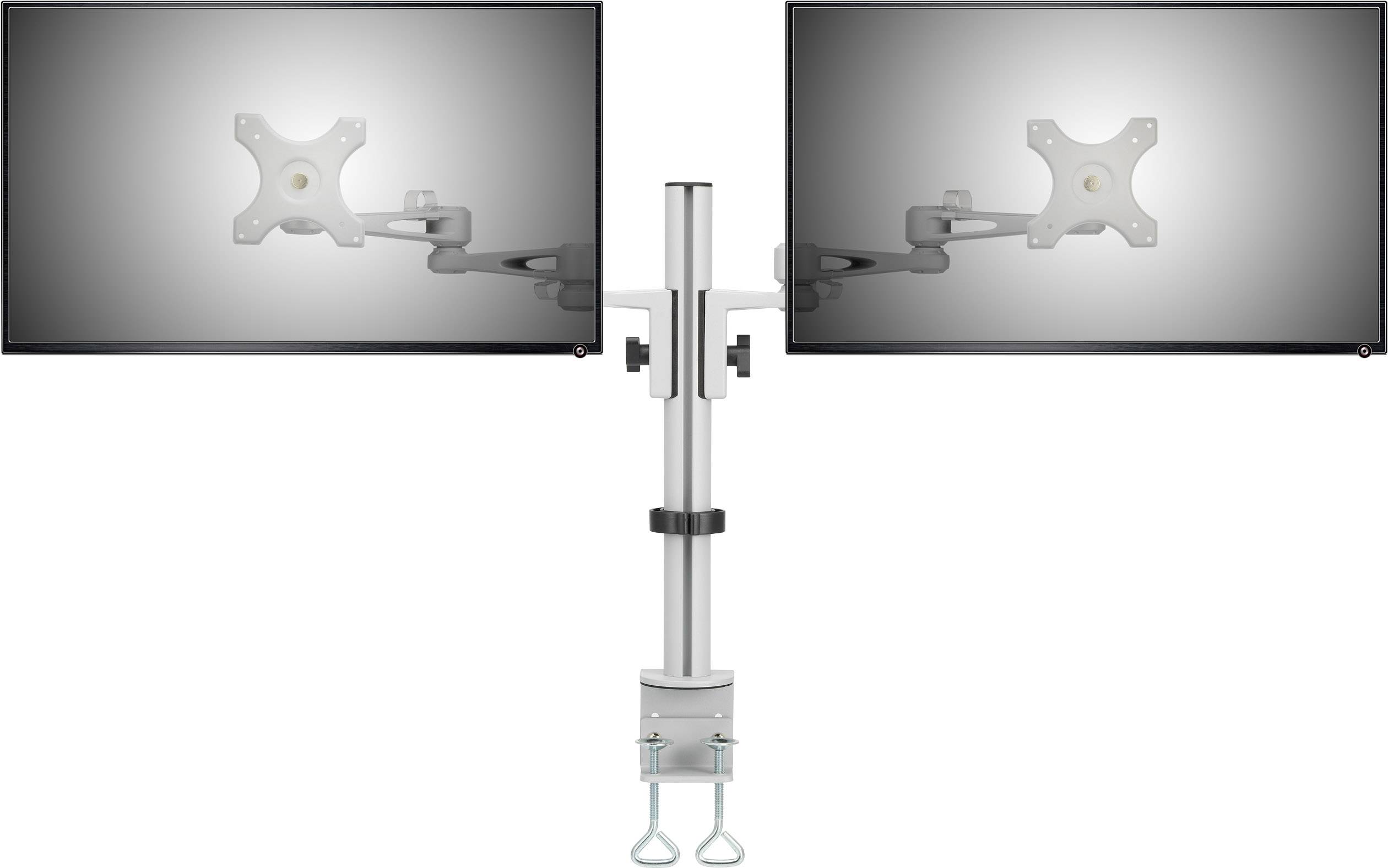 Two computer monitors mounted side by side on an adjustable height swivel arm, attached to a central stand.