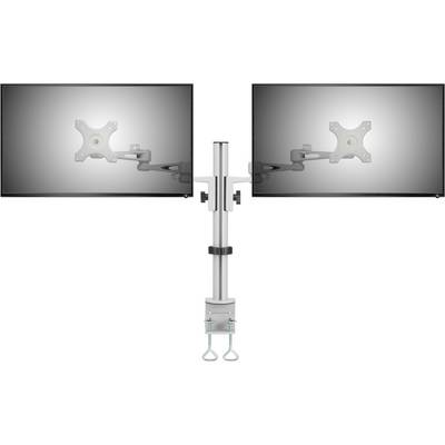 Two computer monitors mounted side by side on an adjustable height swivel arm, attached to a central stand.