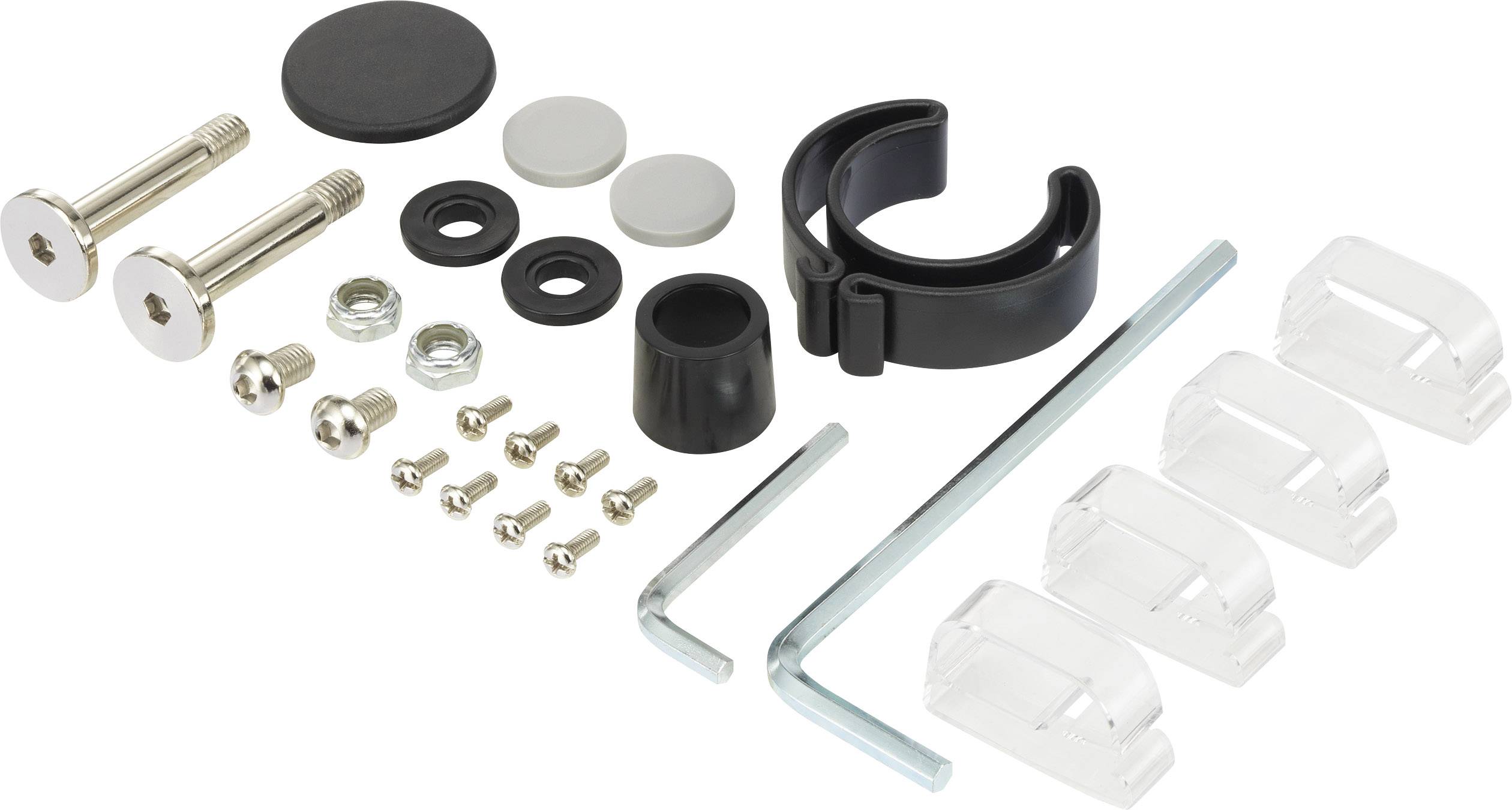 Various screws, nuts, washers, clips and Allen keys on a white background. Fixing hardware.