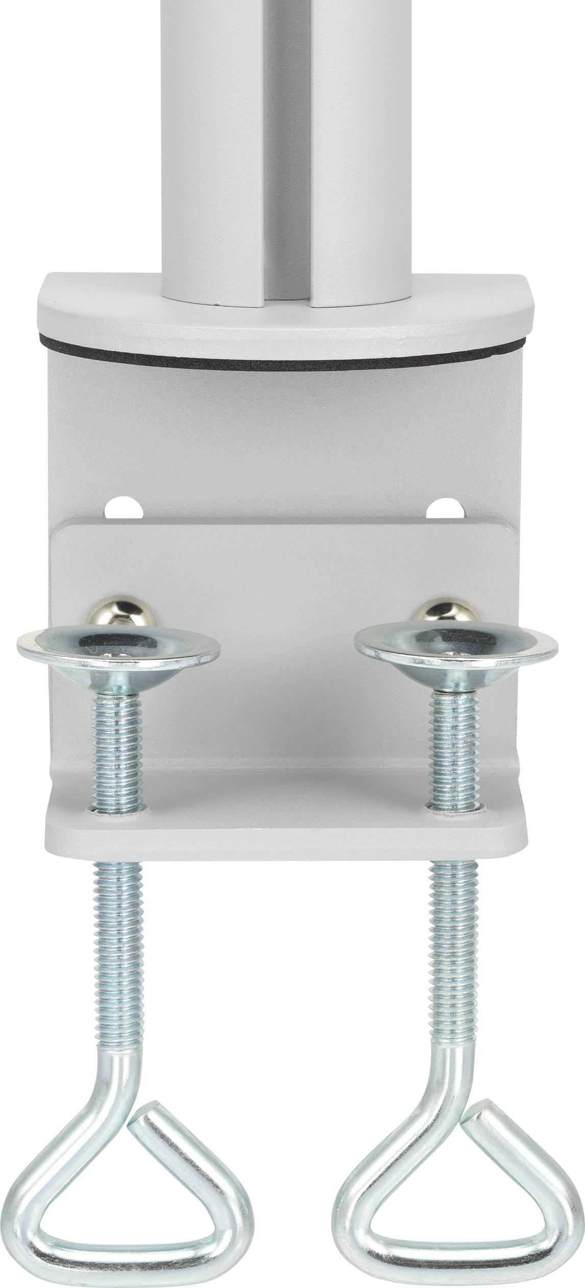 Metal table clamp for device mounting; two large screws for fastening, suitable for pipe systems, robust construction.