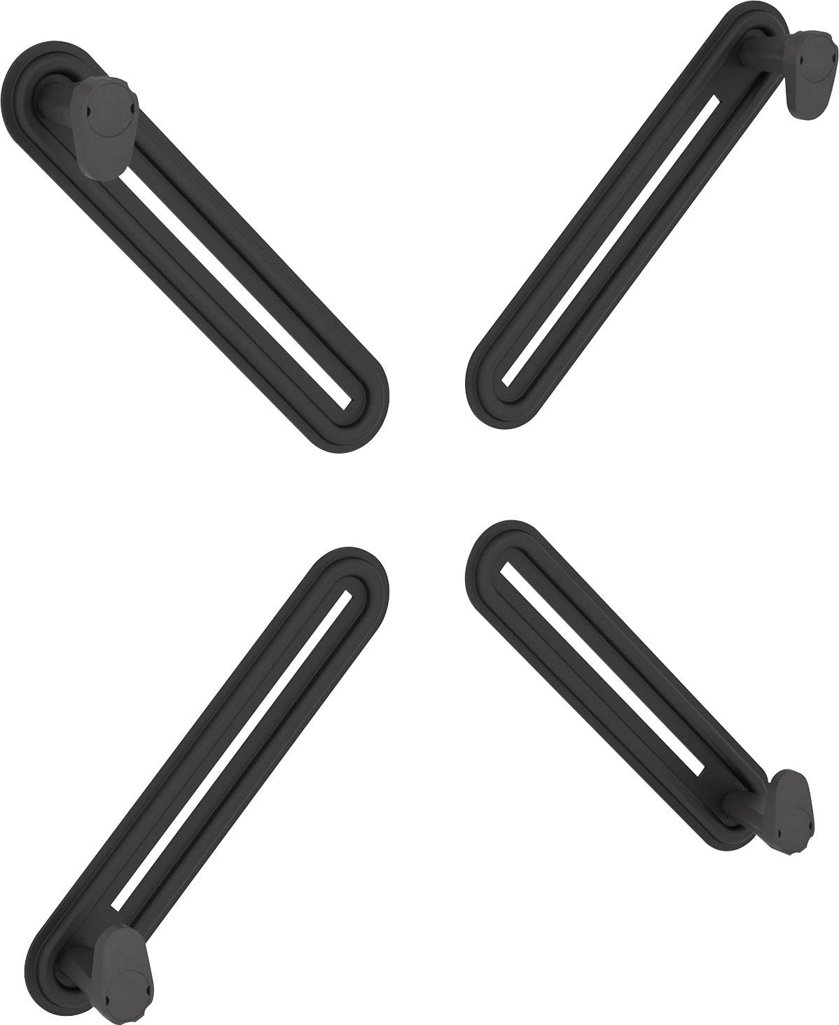 Four grey towel holders in a diagonal arrangement, each mounted on a wall surface.