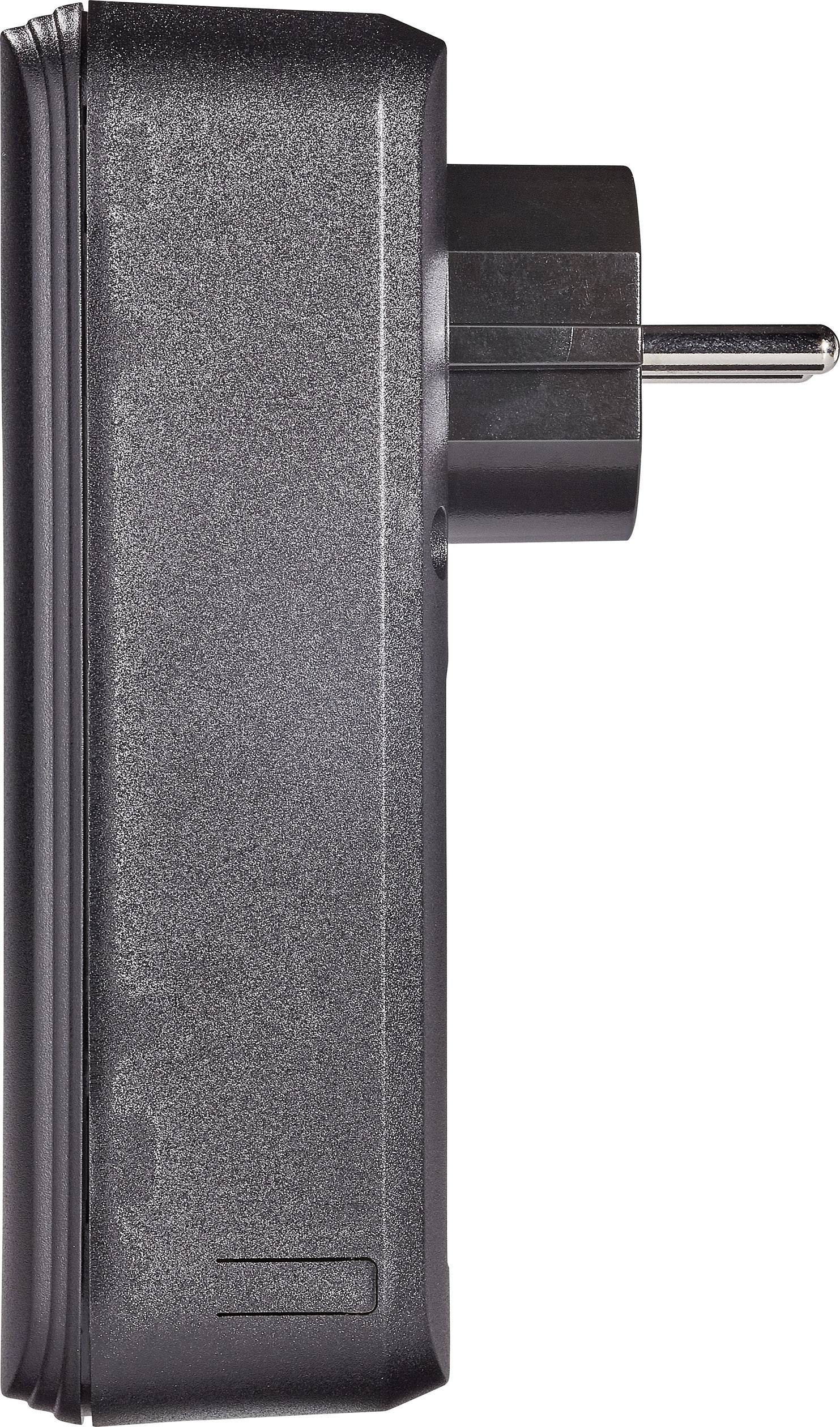 Black electronic device with German plug type, shown from the side. Suitable for EU power sockets.