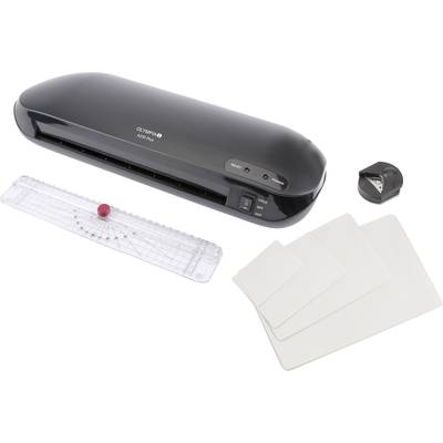 Black-grey laminating machine with four plastic sheets, a ruler with a red rotating knob, and a black pencil sharpener.
