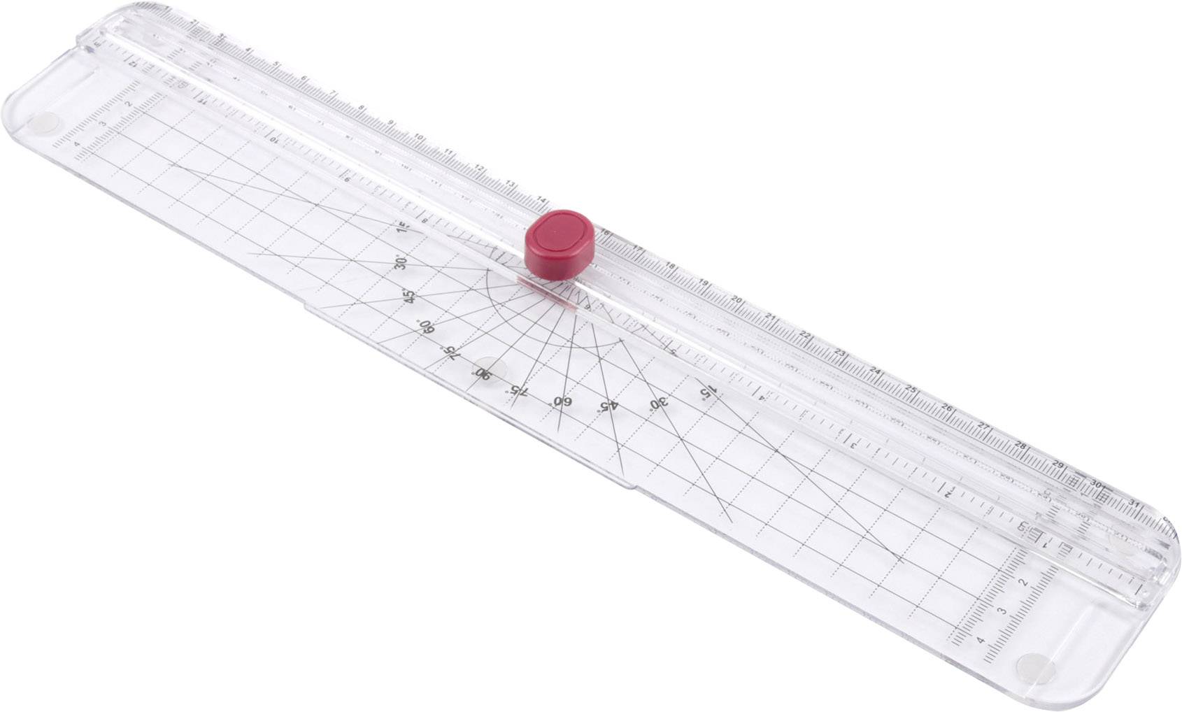 A transparent geometry protractor with engraved lines and a red rotating knob in the centre, used for measuring and drawing angles.