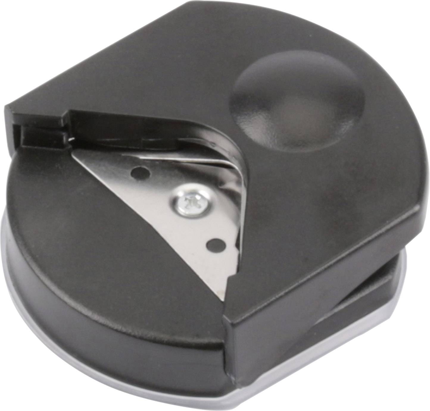 Round, black corner cutting tool on white background, closed view.
