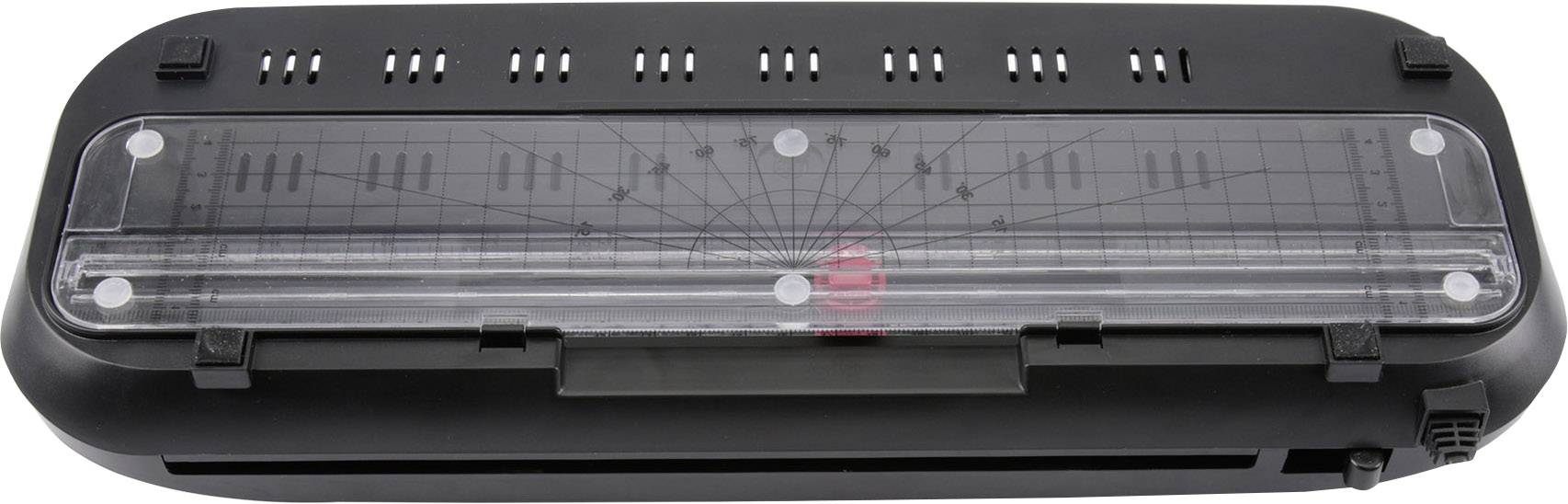 A black hole punch and paper saw, topped with a transparent ruler and markings for paper sizes.