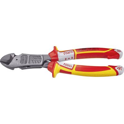 Red and yellow VDE-certified side cutters for cutting wires, with insulated handles for electrical safety.