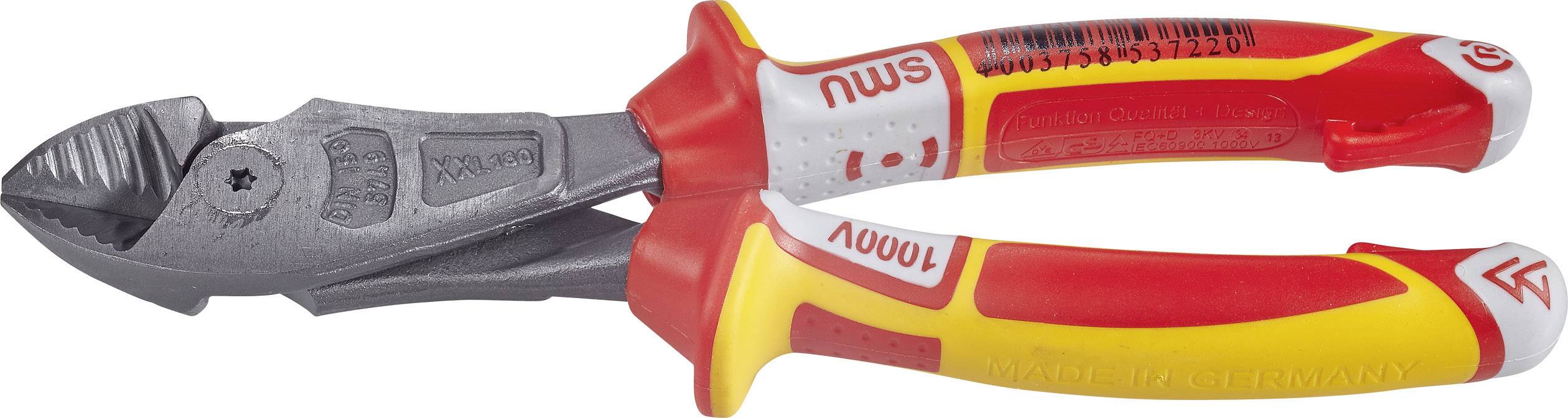 Coloured side cutters with insulated, red and yellow handles, suitable for work on electrical cables.