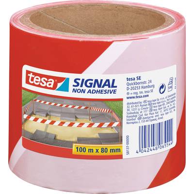 Roll of red and white barrier tape by tesa without adhesive, 100m x 80mm. Label depicts a construction site scene with paving stones and cordoning.