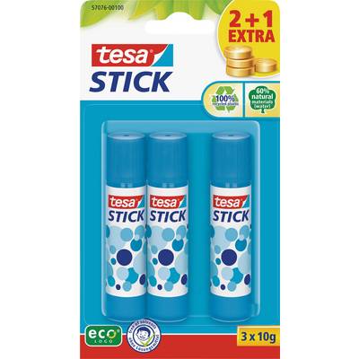 'Three Tesa Stick Glue Sticks in set, 2+1 free. Contains 60% natural materials, 100% recyclable packaging, 3x10g.'