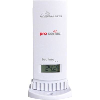 White mobile temperature sensor with the inscription 'Mobile-Alerts', 'pro series' and 'techno line'. Display shows '24.2°C'.<br><br>Note: In British English, decimal temperatures use a full stop (.) rather than a comma (,).