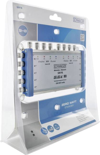 A Schwaiger multiswitch for distributing satellite signals. Packaging shows model, specifications and 9-8 ports.