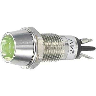 Metallic LED indicator with green light and 24V marking. Suitable for electronic applications for status indication.