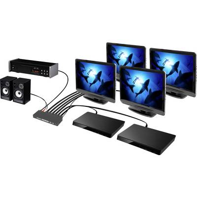 The image depicts a home cinema system with speakers and multiple monitors displaying sharks on their screens, connected to a central device.