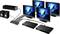 The image depicts a home cinema system with speakers and multiple monitors displaying sharks on their screens, connected to a central device.